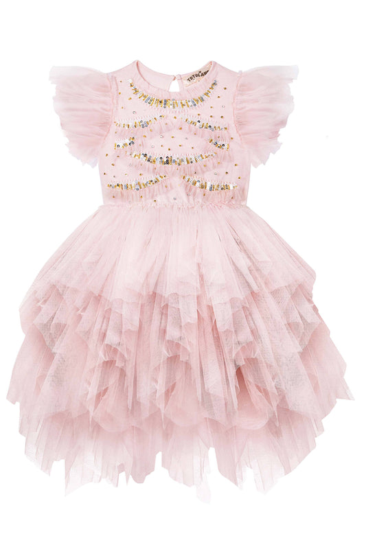 Delightful Flutter Sleeve Tulle Dress in Blush
