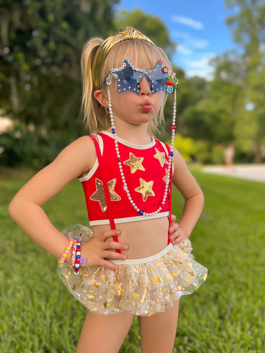 Fancy Shmancy Red and Gold Star Swim Suit