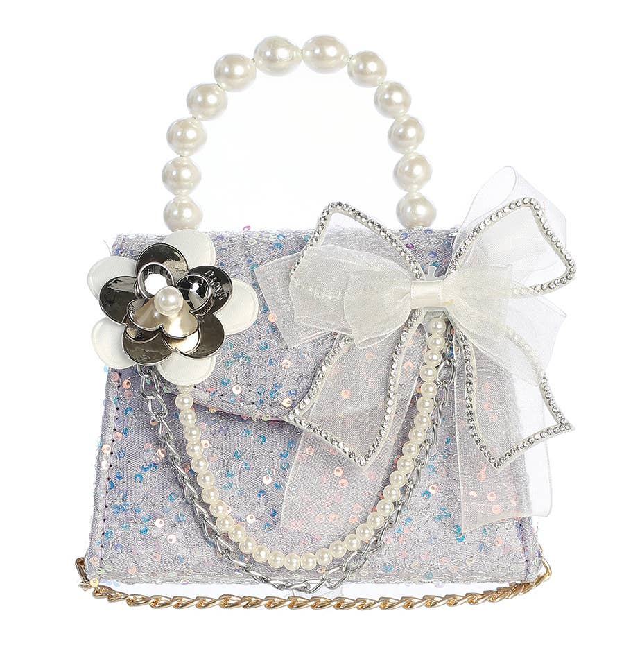 Sequin Purse with Floral and Chain Accent