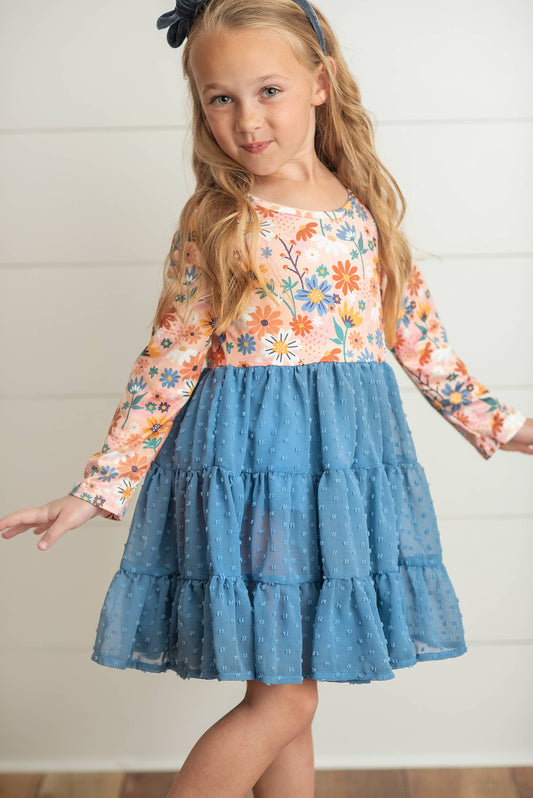 Kids Dusty Blue Flower Print Swiss Dot Tulle Fall Dress