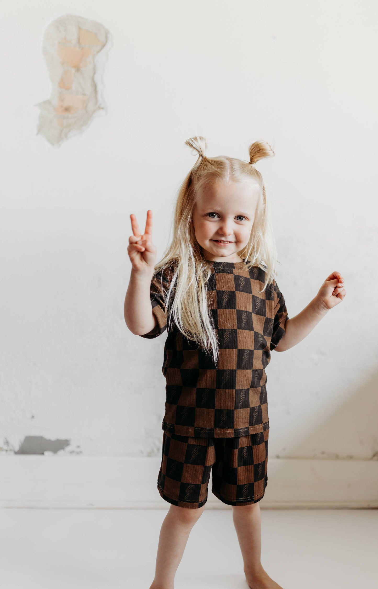 Brown Checkered Lightning Bolt Ribbed Lounge Short Set