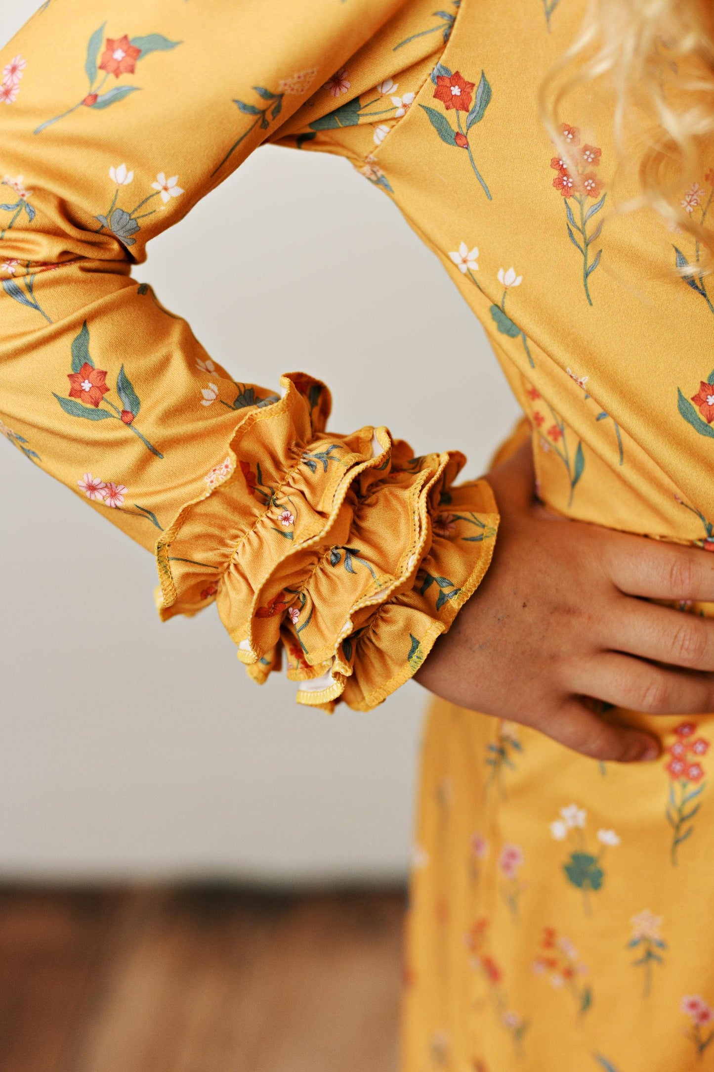 Kids Long Sleeve Mustard Botanical Ruffle Button Fall Dress