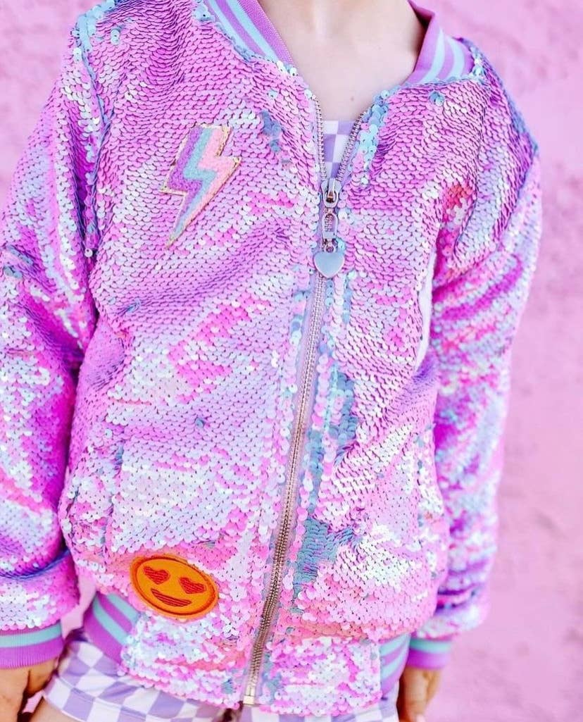 Girls Purple Iridescent Patched Sequins Bomber Jacket