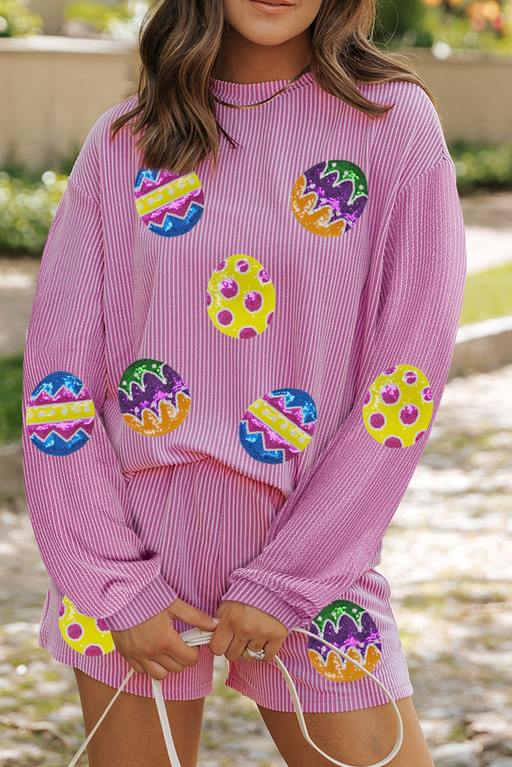 Easter Egg Patched Graphic Long Sleeve Top Shorts Set