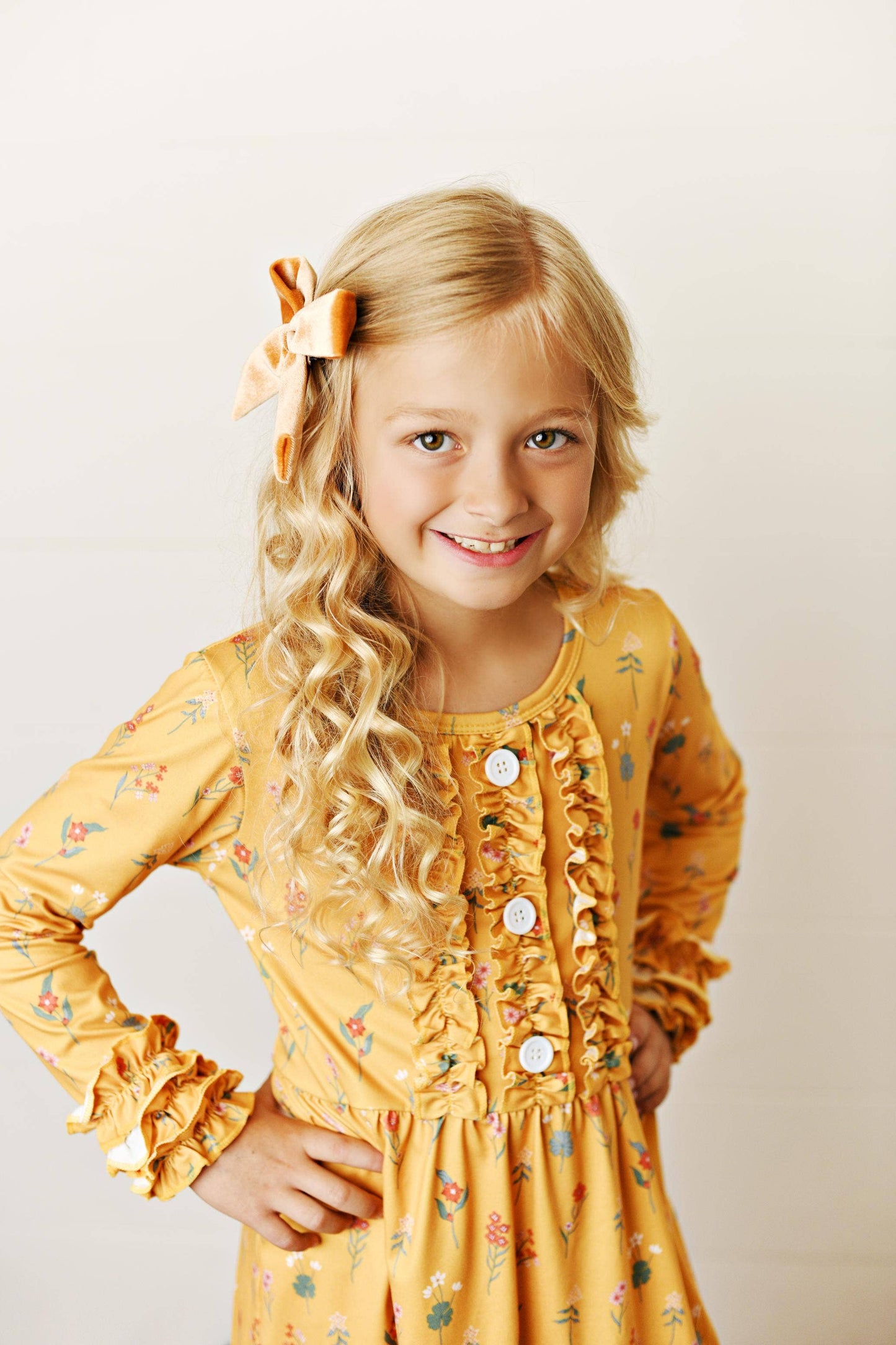 Kids Long Sleeve Mustard Botanical Ruffle Button Fall Dress
