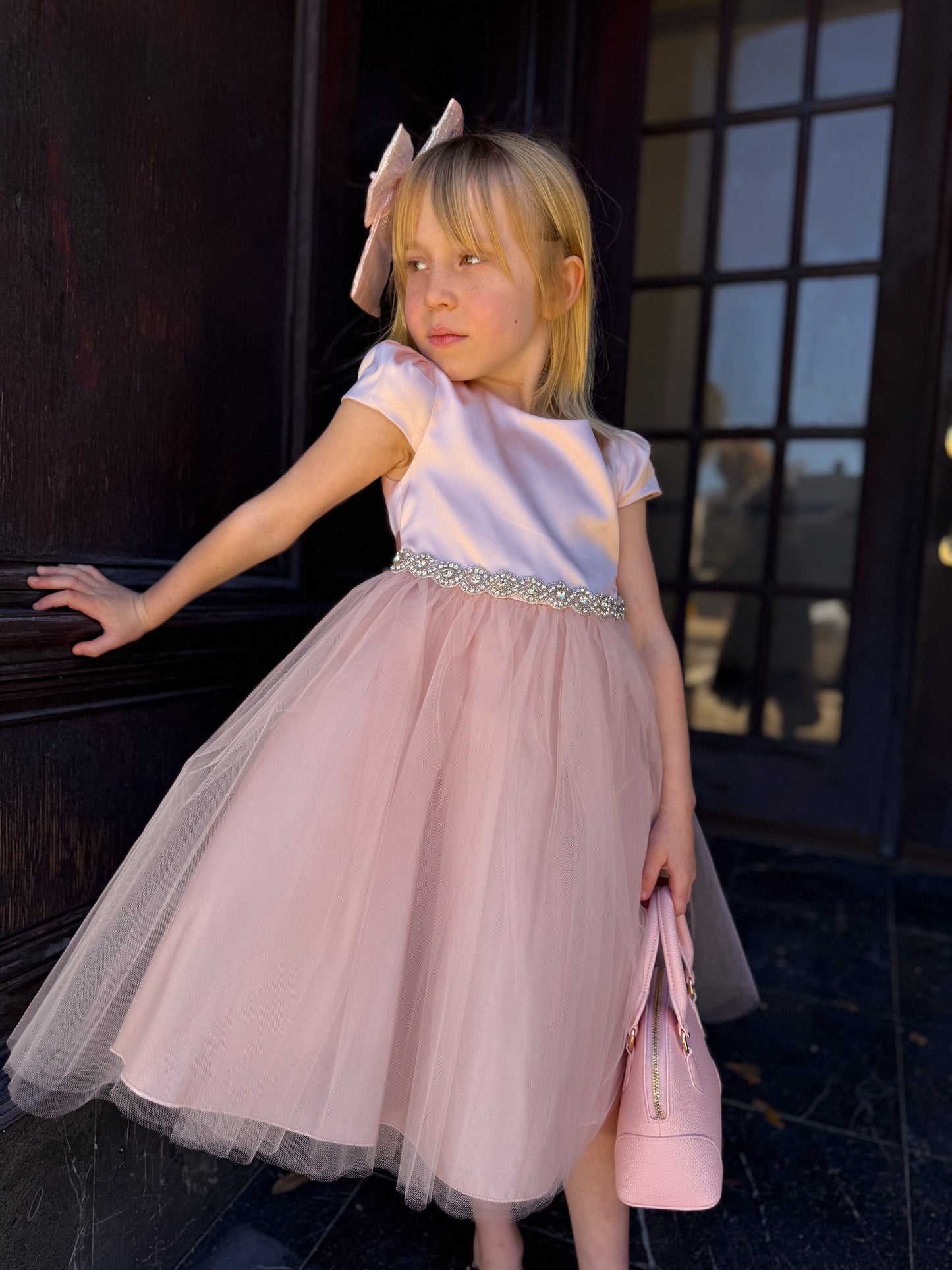 Capped Sleeve Satin Dress with Rhinestone Trim