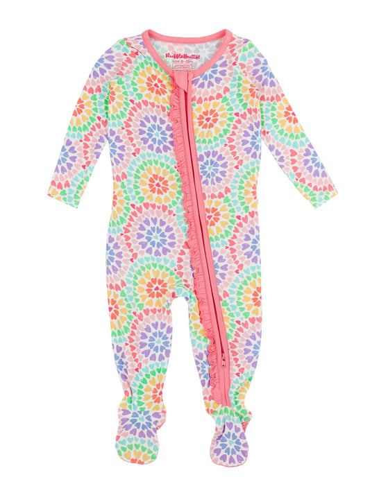Baby Girls Rainbow Kaleidoscope Hearts Bamboo Viscose Footed Ruffle One Piece Pajama