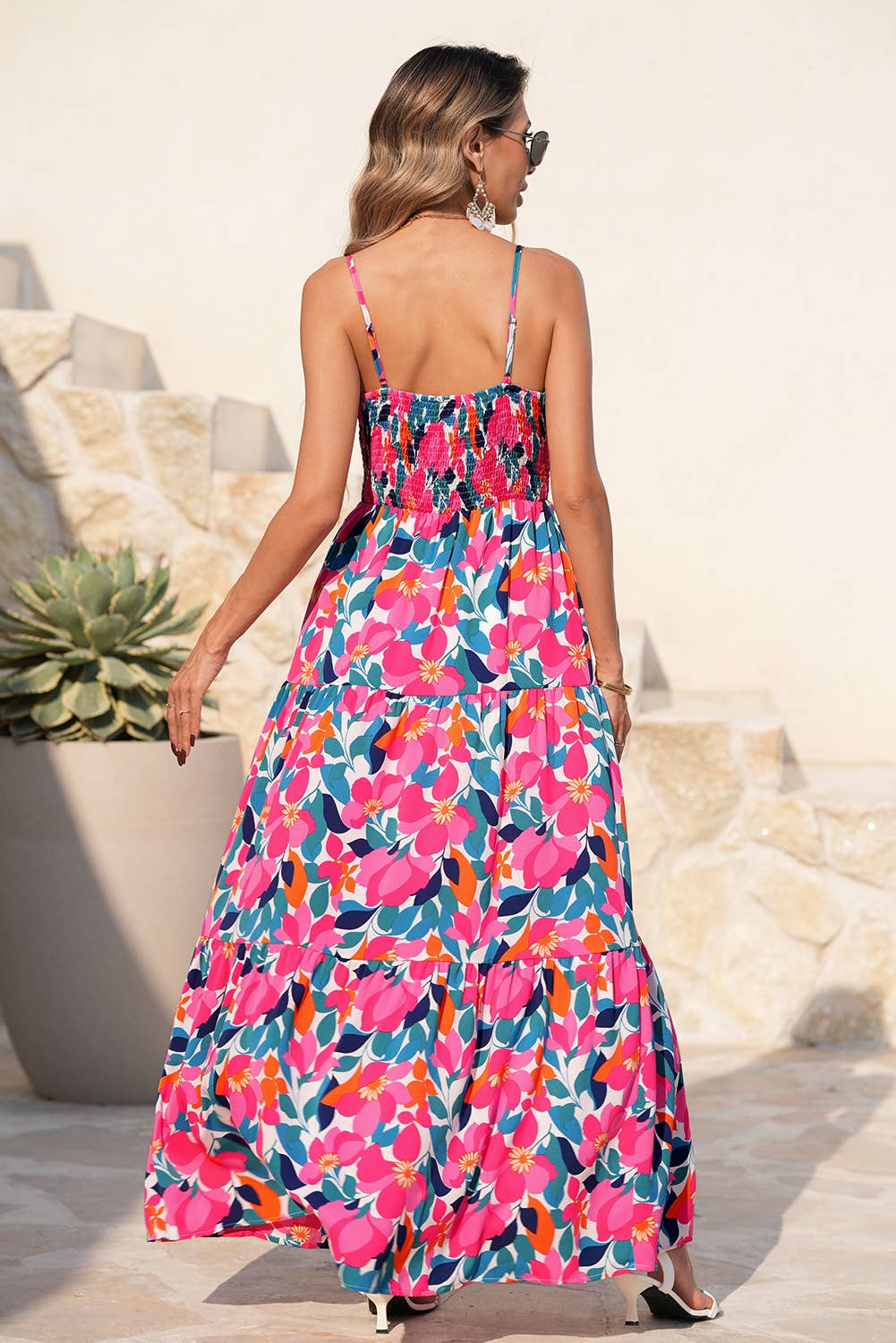 LDC Floral Twisted Smocked Back Tiered Maxi Dress