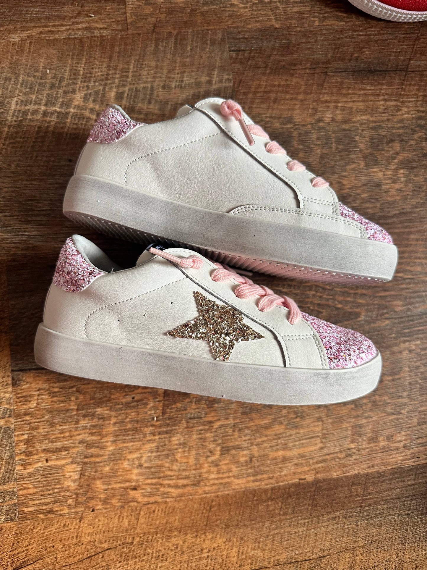 Gold Glitter Star Sneakers Pink Glitter Accent and Laces