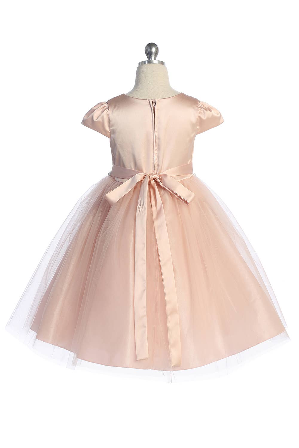 Capped Sleeve Satin Dress with Rhinestone Trim