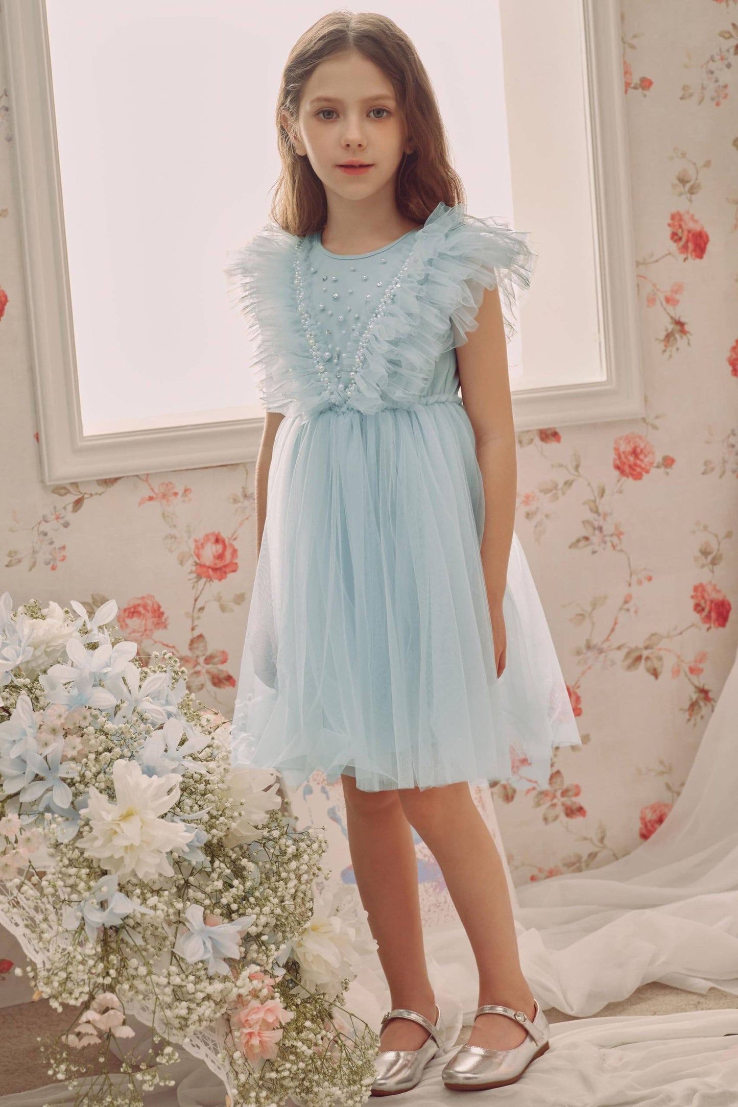 Pearl Layered Tulle Dress in Light Blue