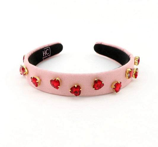Kid and Tween Pink Headband with Red Heart Crystals