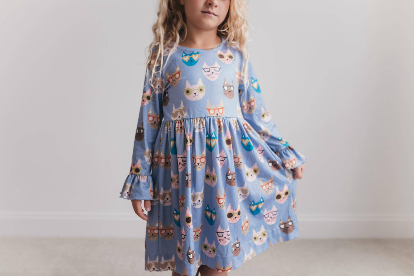 Kids Claire Periwinkle Cool Cat Print Twirl Fall Dress