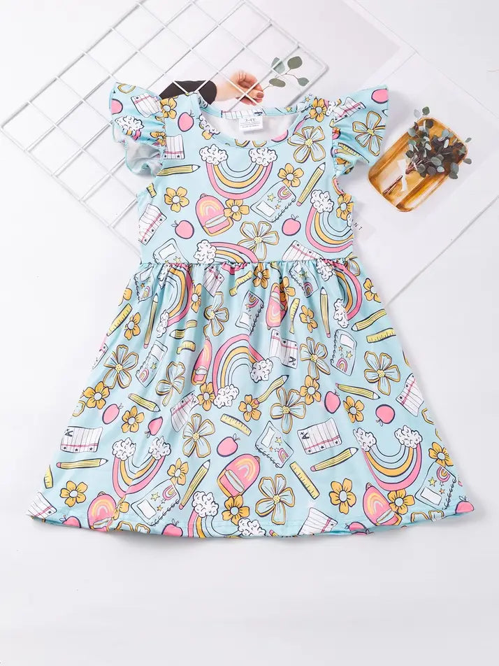 Back to School Apple pencil rainbow ruffle flutter Dress