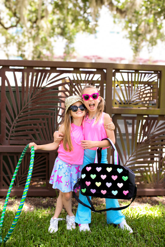 Glitter Heart-Patched Plush Black Medium Duffle Bag