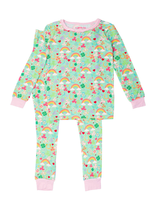 Girls Green Lucky Day Bamboo Viscose Ruffle Long Sleeve Pajama Set