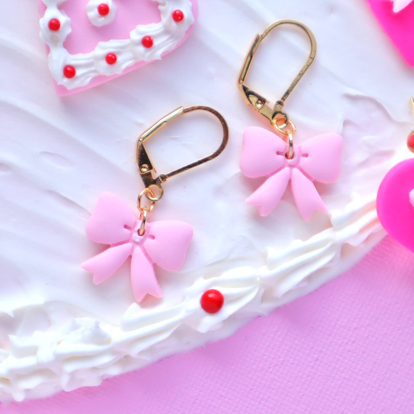 Pink Bow Lever Back Earrings