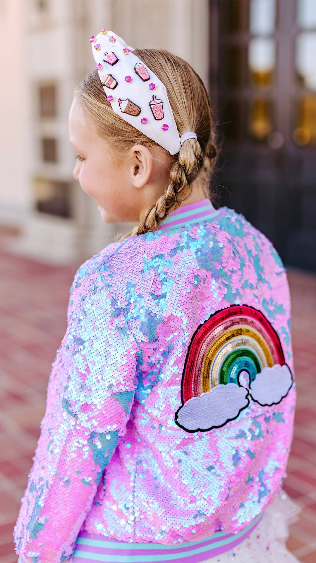 Girls Purple Iridescent Patched Sequins Bomber Jacket
