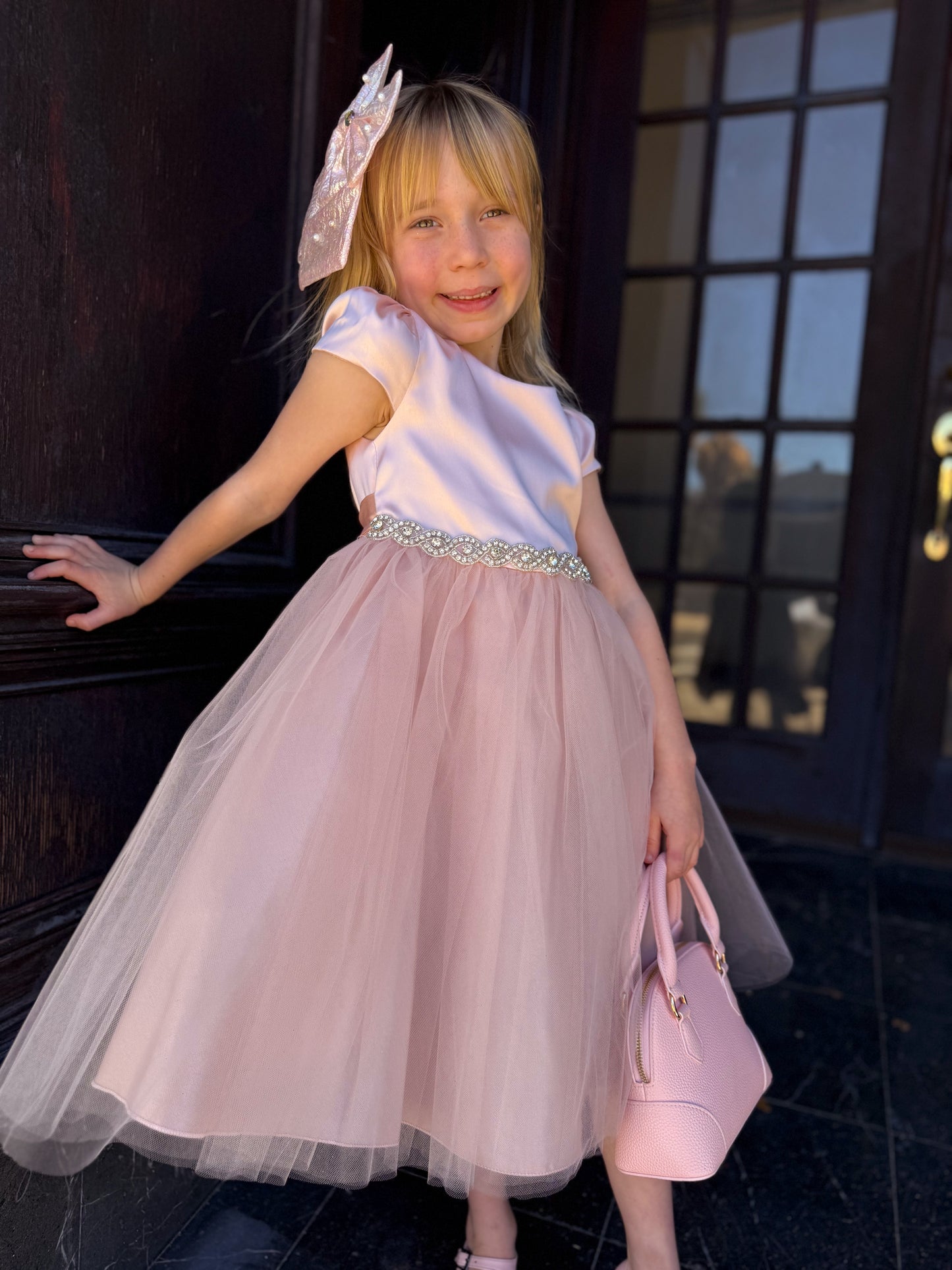 Capped Sleeve Satin Dress with Rhinestone Trim