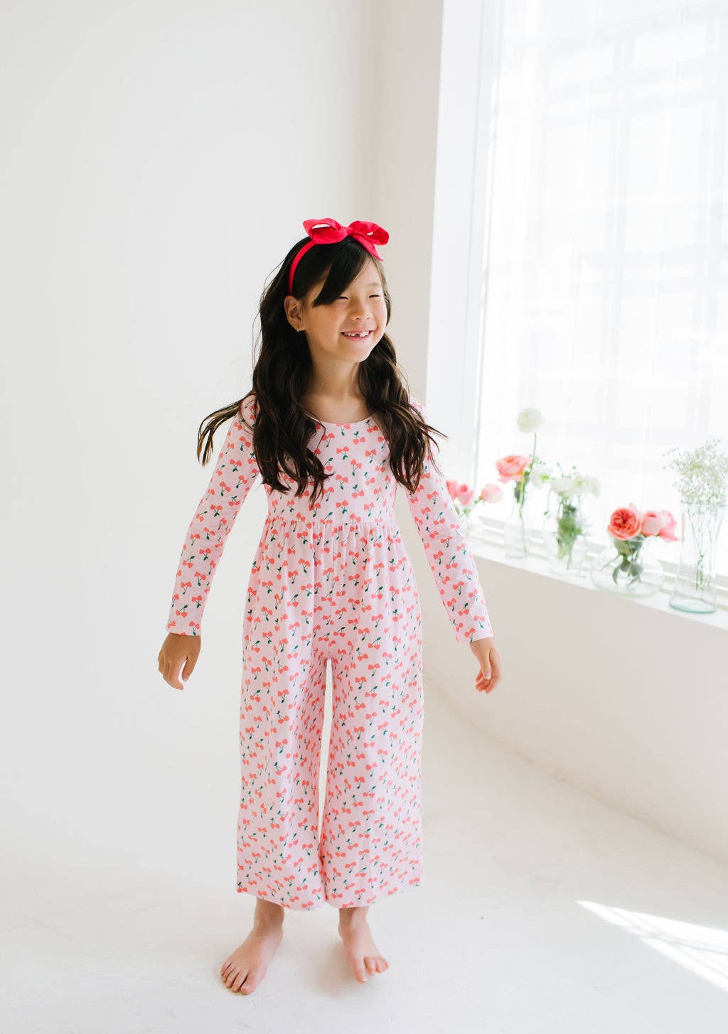 Long Sleeve Pant Romper in Cherries | girls Clothing