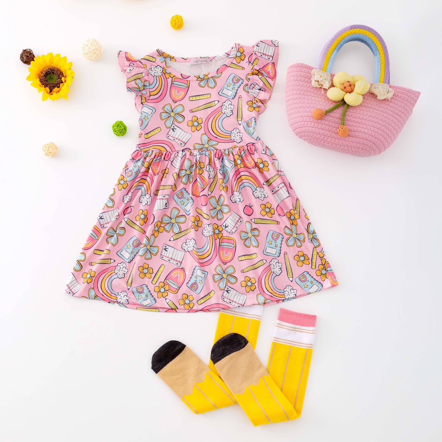 Back to School Apple pencil rainbow ruffle flutter Dress