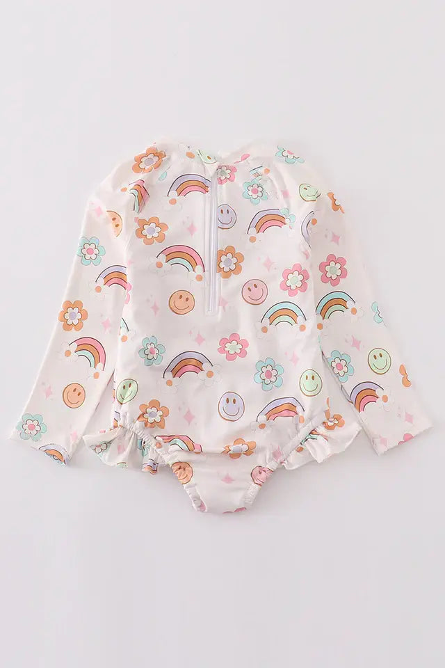 Rainbow smile print girl swimsuit
