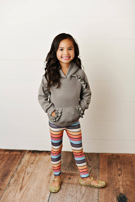 Kids Gray Ruffle Hoodie and Rainbow Stripe Leggings Fall Set