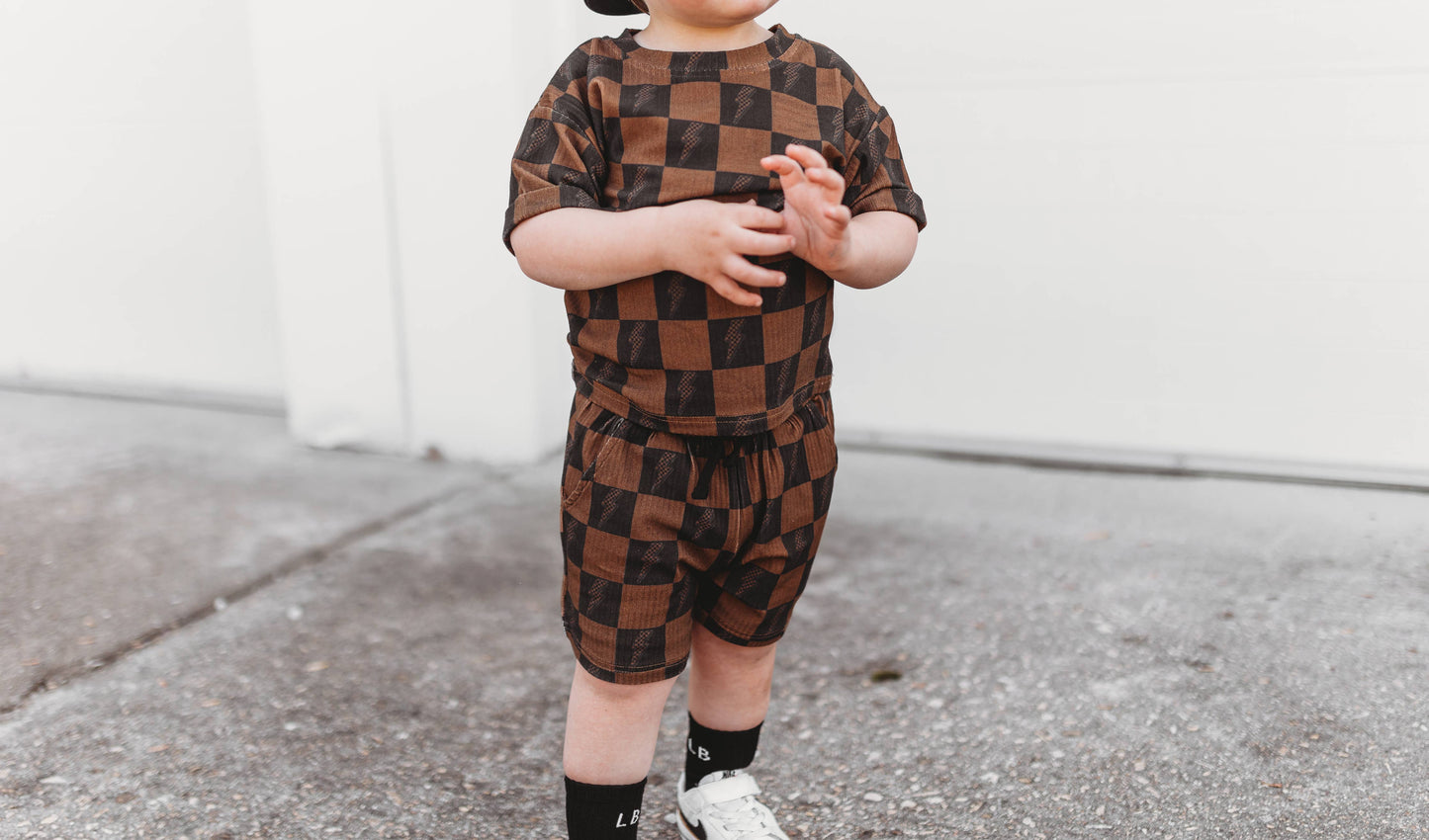 Brown Checkered Lightning Bolt Ribbed Lounge Short Set