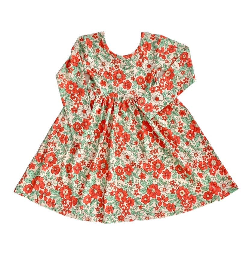 Holiday Floral Girls Twirl Dress, Christmas dresses for little girls, toddler girls clothing, red and green holiday