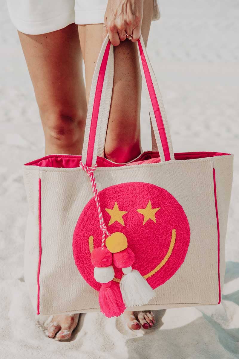 Hot Pink Star Eye Happy Face Tote Bag for Women