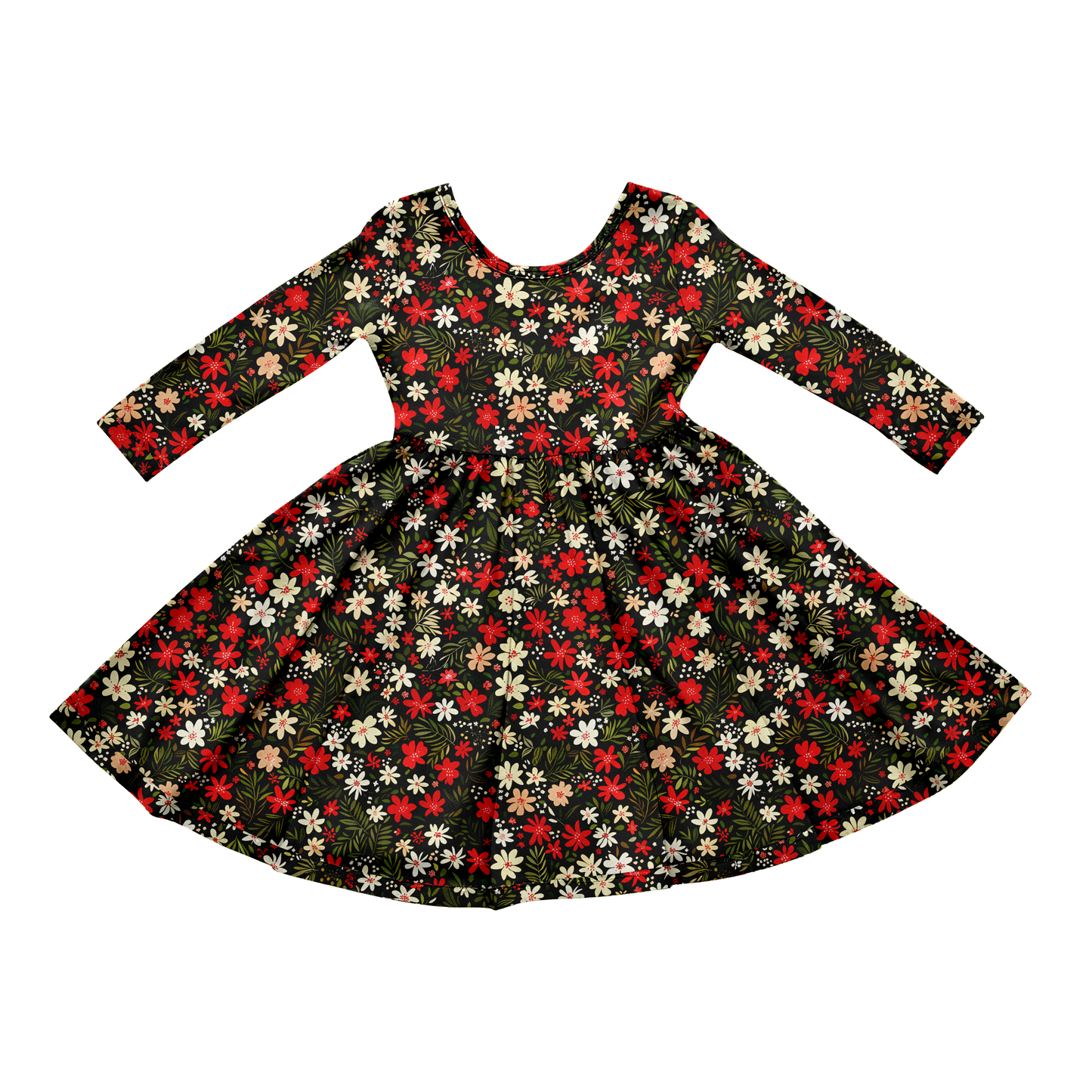 Holiday Floral Christmas Twirl Dress for Girls, Bamboo Christmas Dresses, Holiday Outfits for Kids