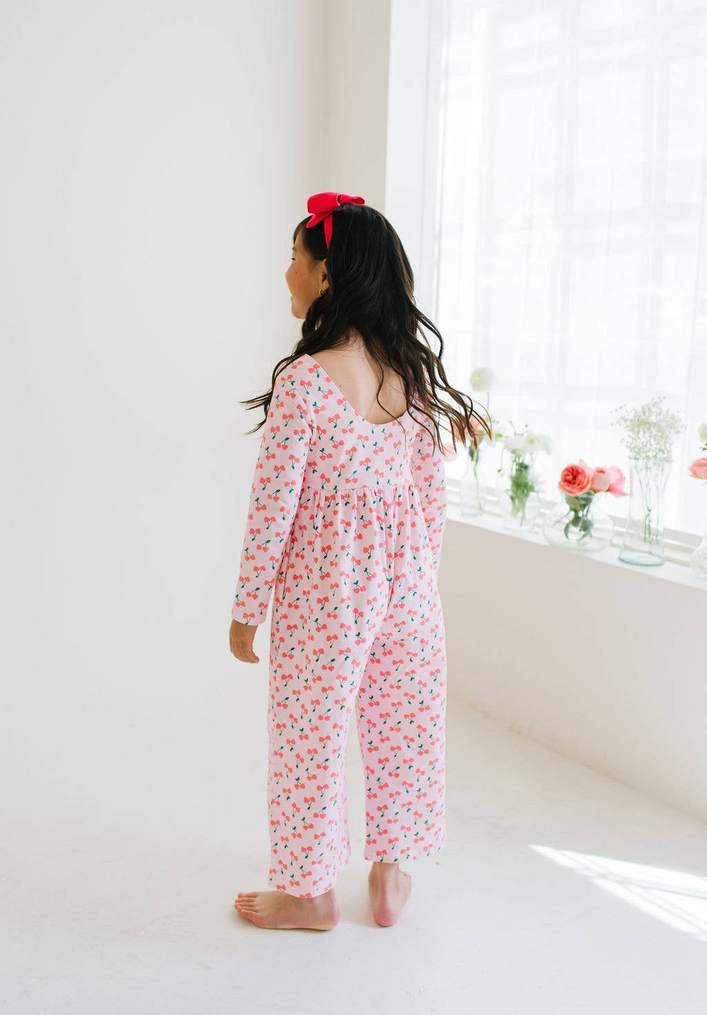 Long Sleeve Pant Romper in Cherries | girls Clothing