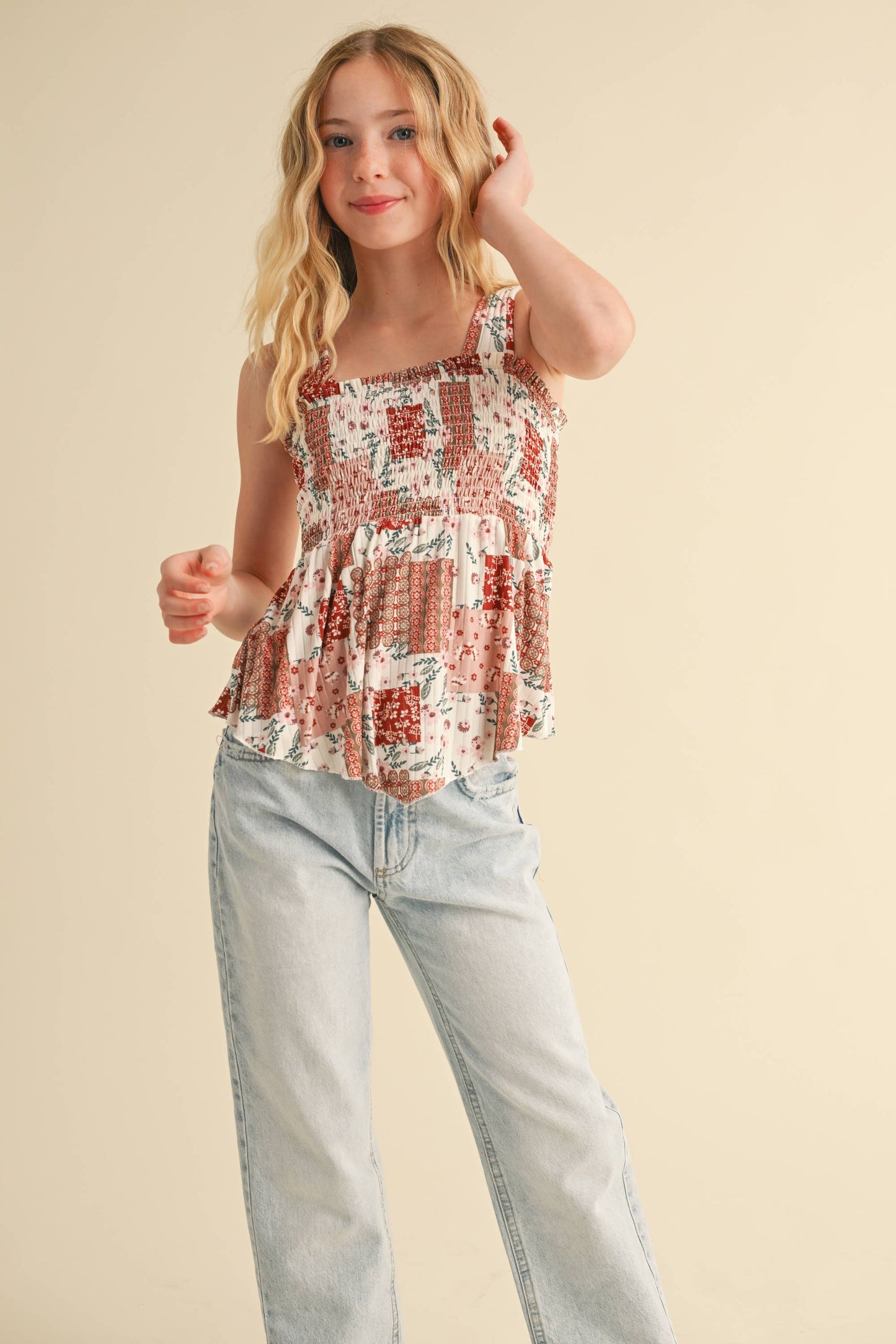 TWEEN GIRLS KIDS WIDE STRAP PEPLUM TANK WITH SMOCKED (XS-XL)