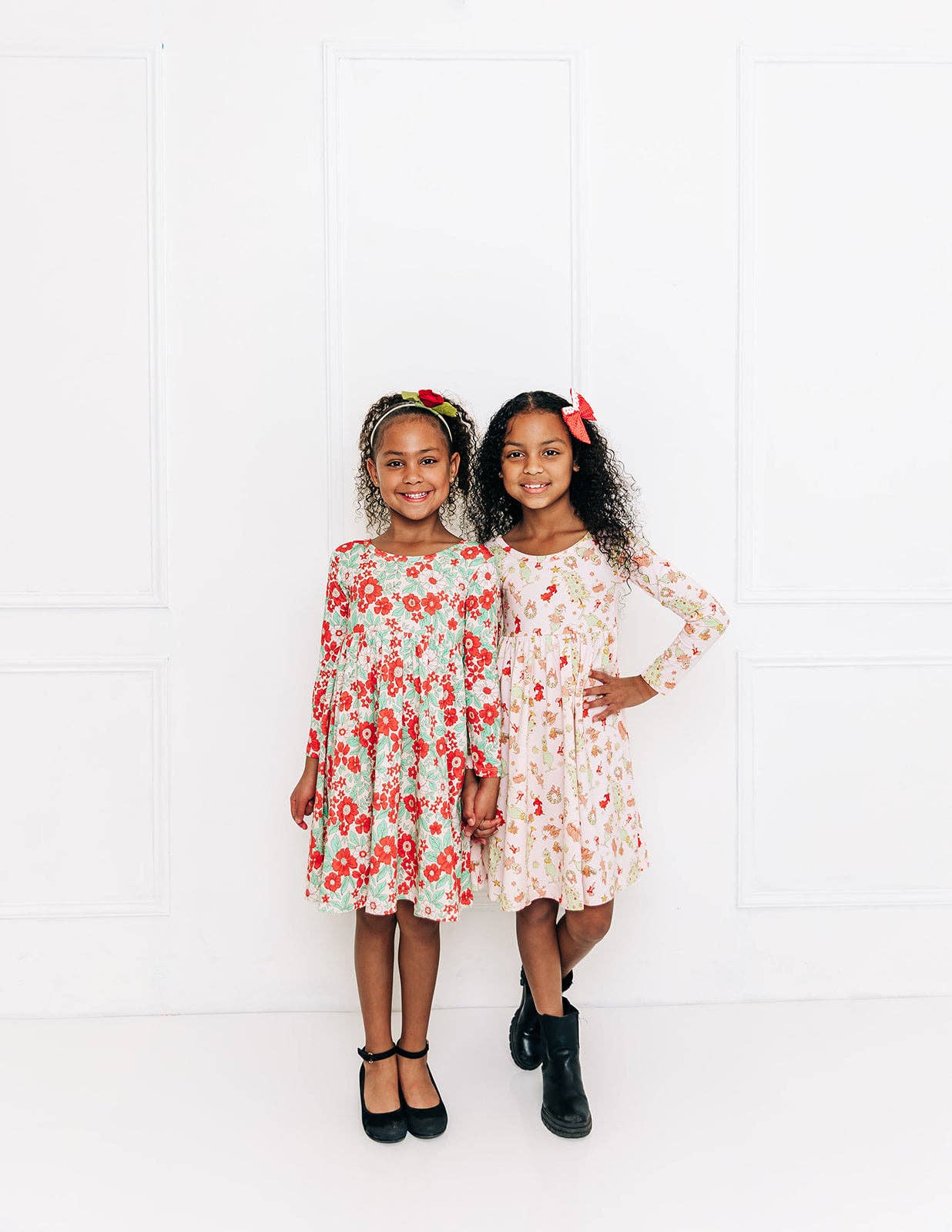 Holiday Floral Girls Twirl Dress, Christmas dresses for little girls, toddler girls clothing, red and green holiday