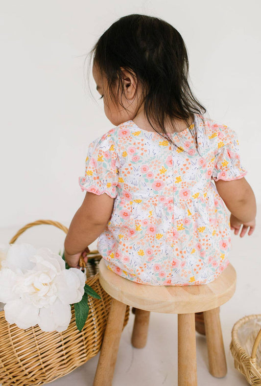 Quinn Poplin Romper in Bunny Field | baby clothing | Easter