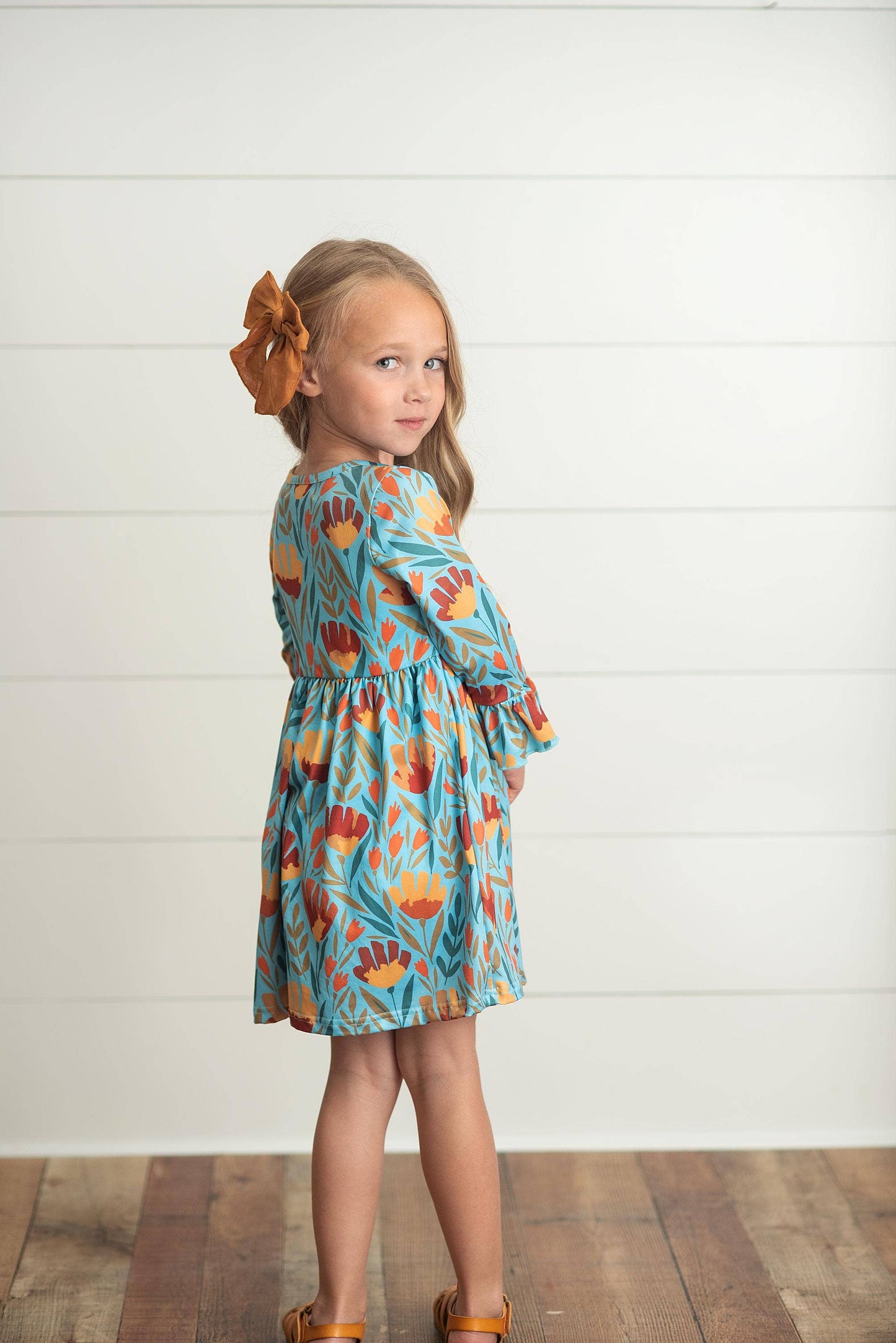 Kids Claire Mustard Teal Floral Print Fall Twirl Dress