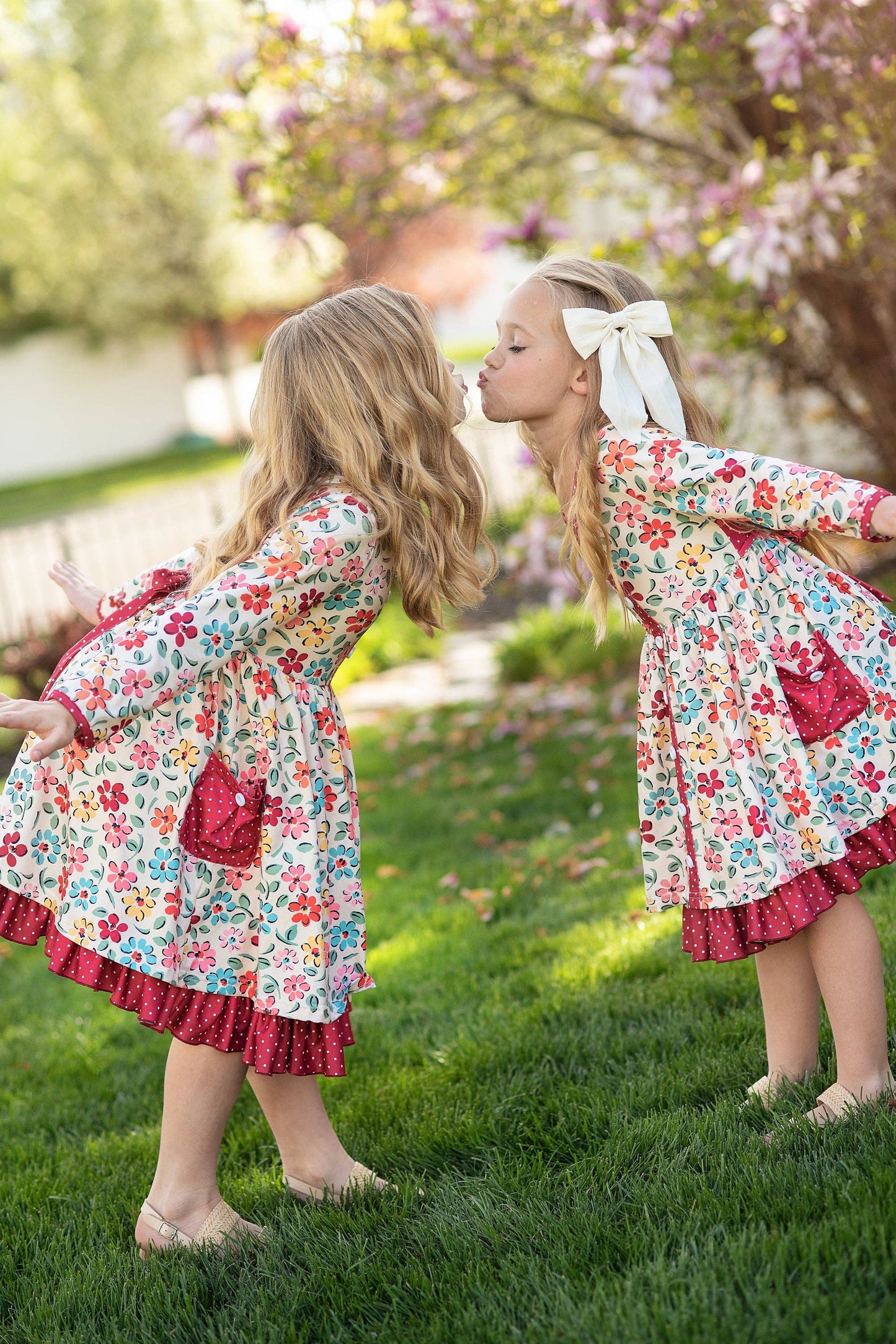 Kids Cream & Burgundy Floral Ruffle Button Pocket Fall Dress