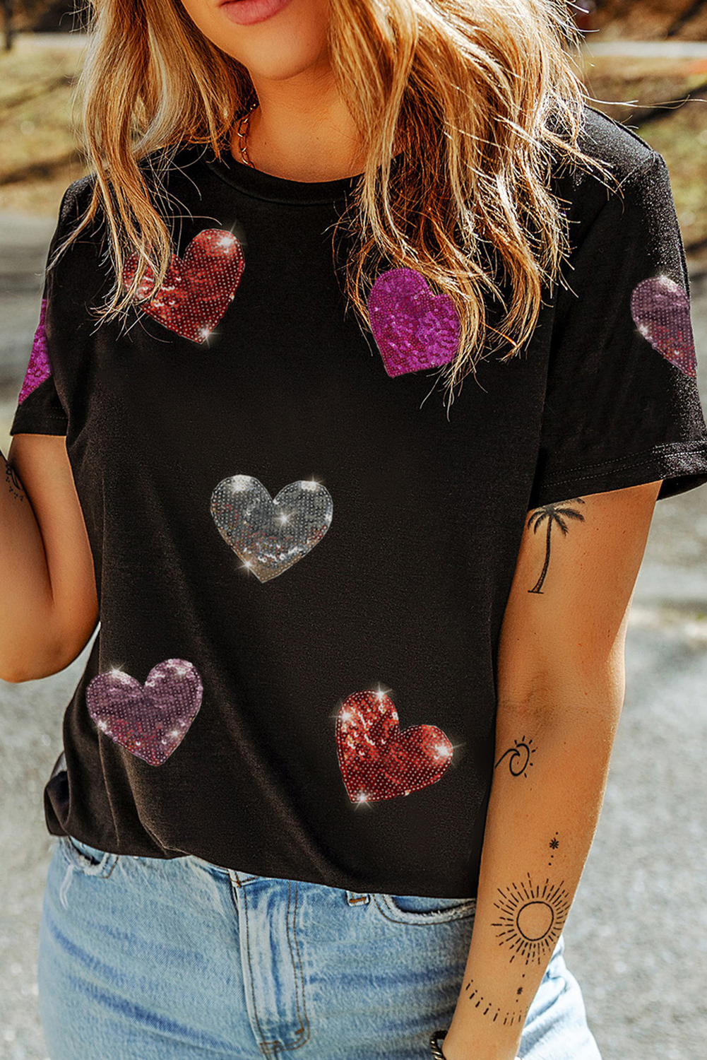 LDC Sequin Heart Patched Pattern Crewneck Valentines Tee