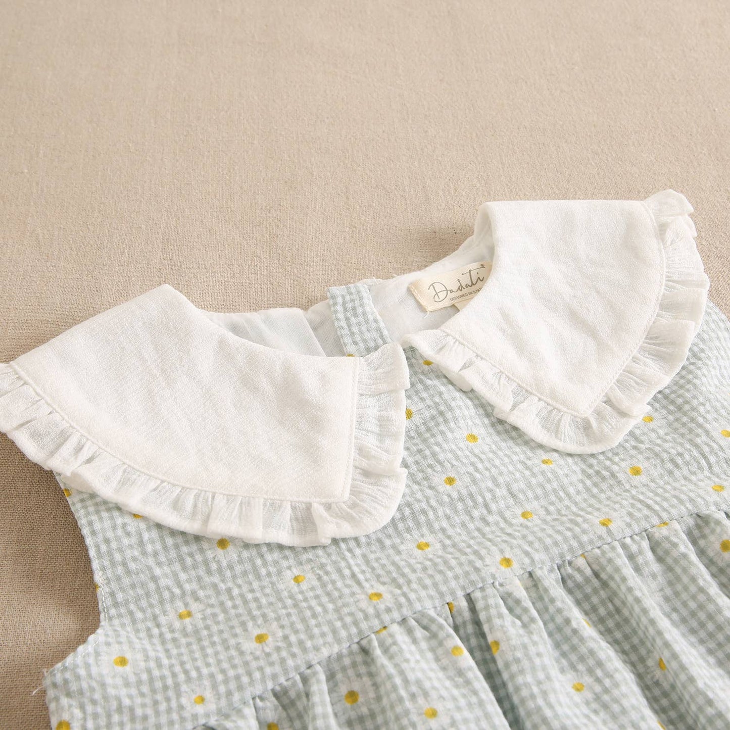 Vichy green and daisy checkered girl's dress