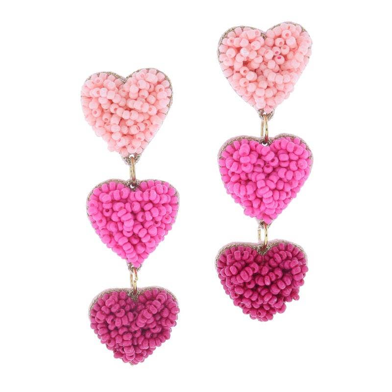 Peach, Hot Pink, Dark Pink Cluster Tierred Hearts Earrings