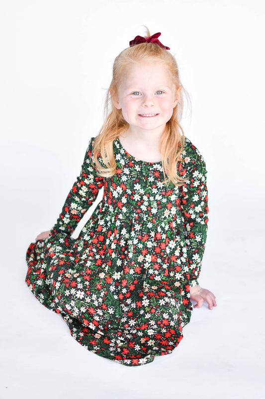 Holiday Floral Christmas Twirl Dress for Girls, Bamboo Christmas Dresses, Holiday Outfits for Kids