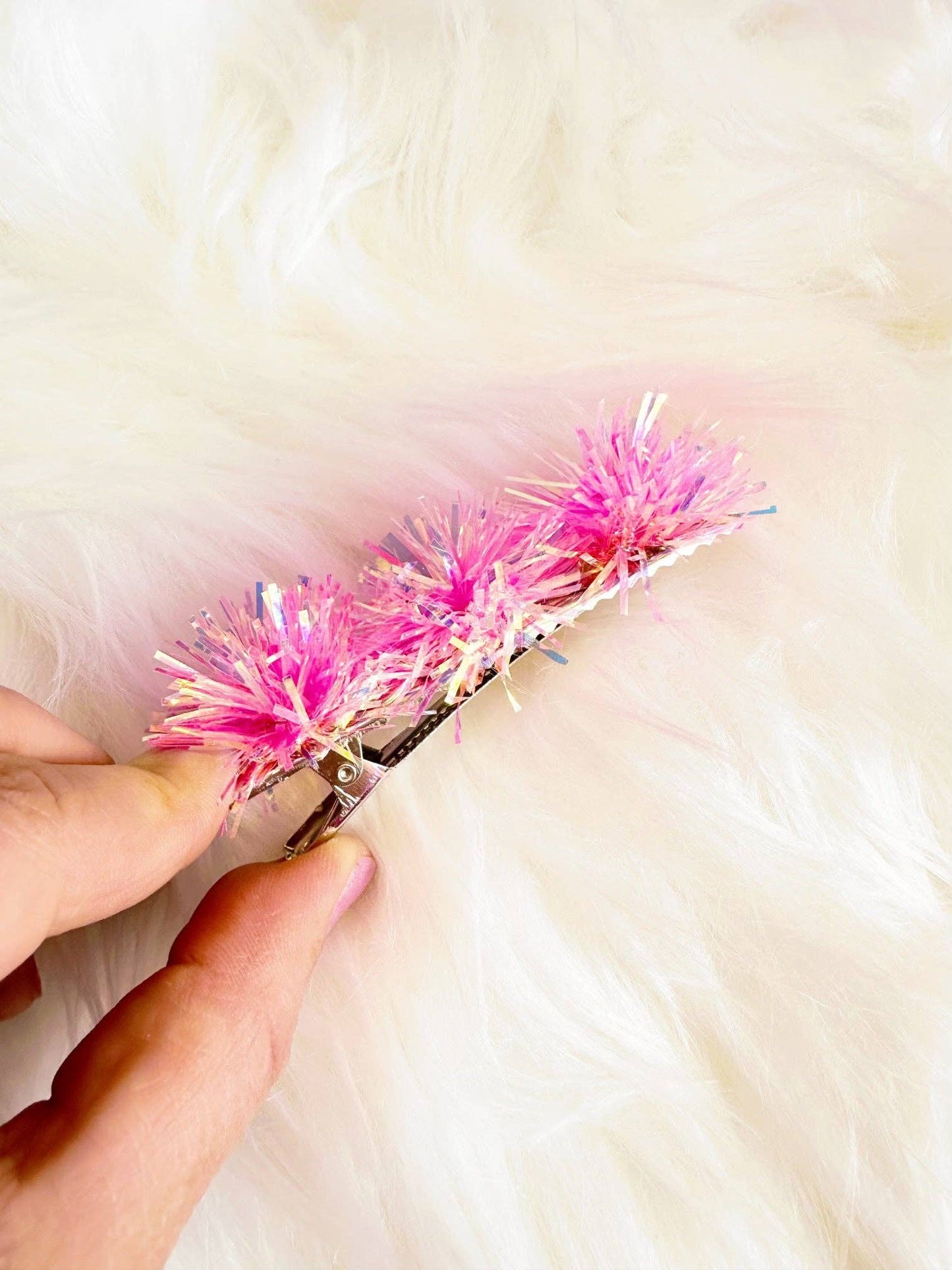 Pink Tinsel Party Pom Hair Clip