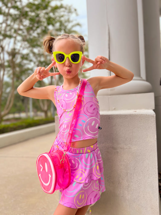 Simply Soft Cropped Racerback Tank & Ruffle Skort - Pink Outline Smiley