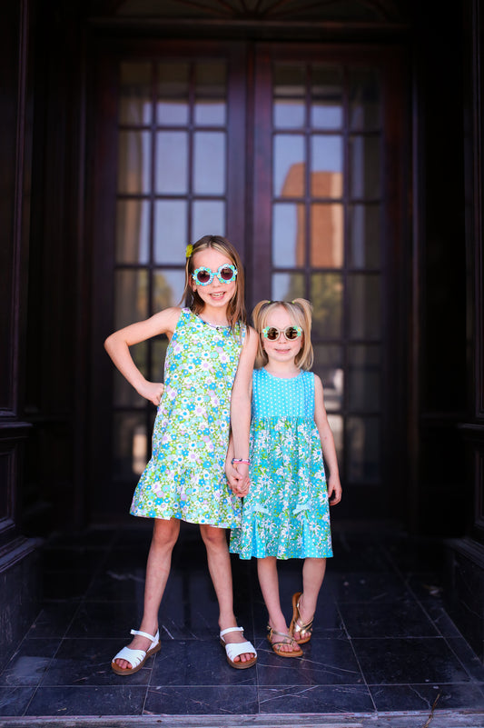 Blue & Green Flower Power Drop Waist Dress