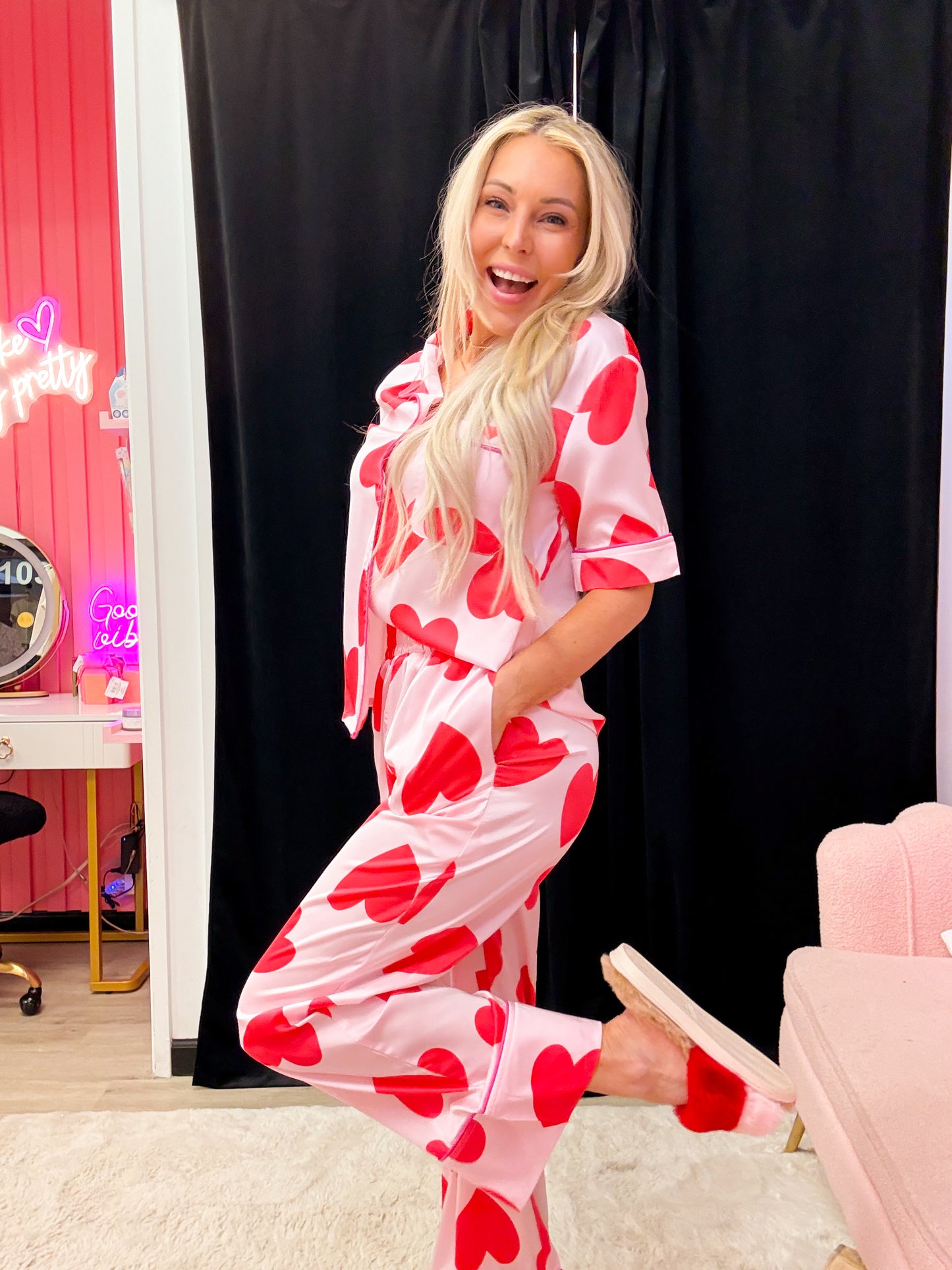 Classic Heart Valentines Short Sleeve Pants Pajamas Set