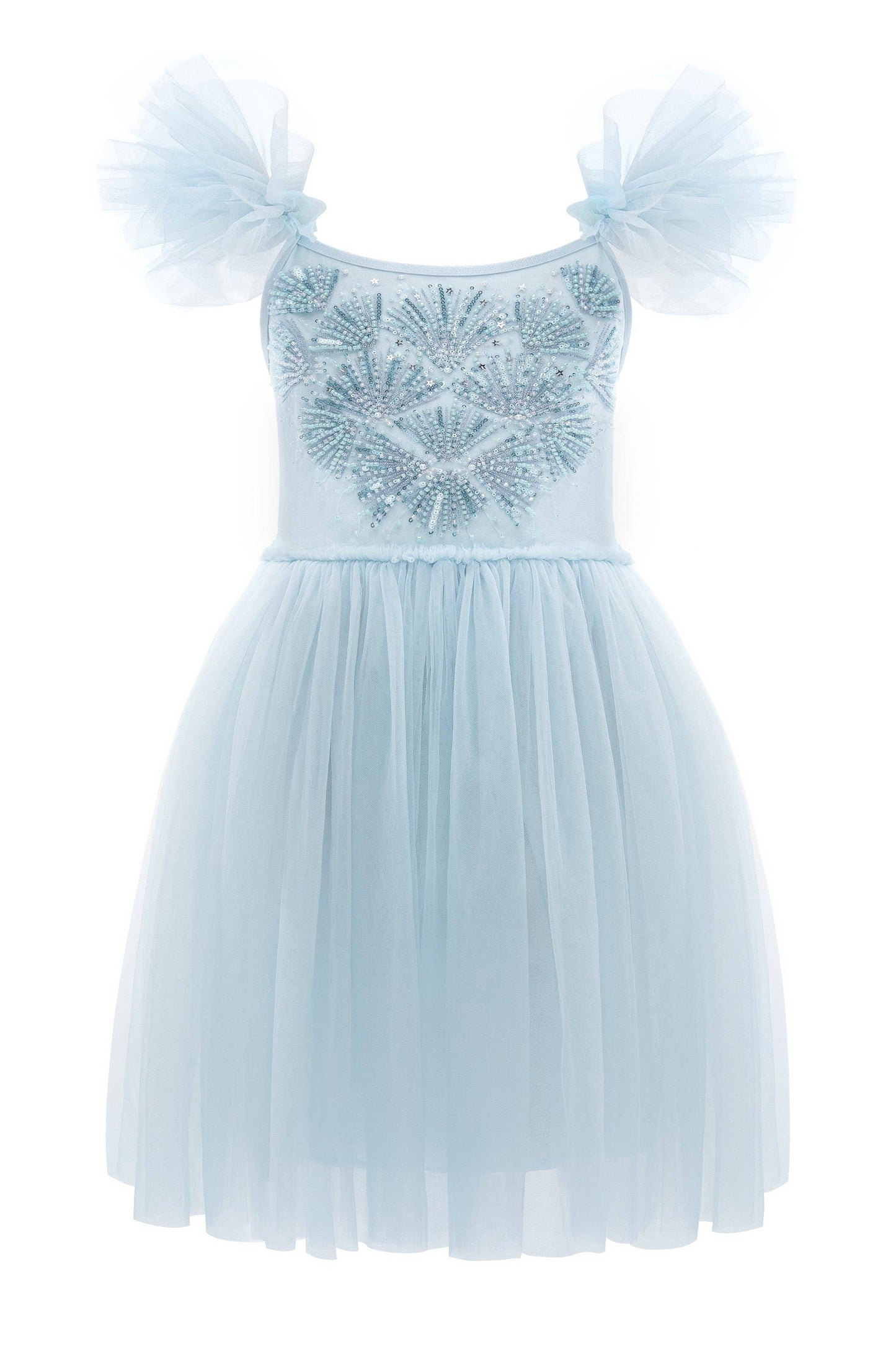 Vibrant Embroidered Flutter Sleeve Tulle Dress in Light Blue