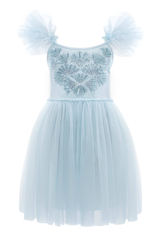 Vibrant Embroidered Flutter Sleeve Tulle Dress in Light Blue