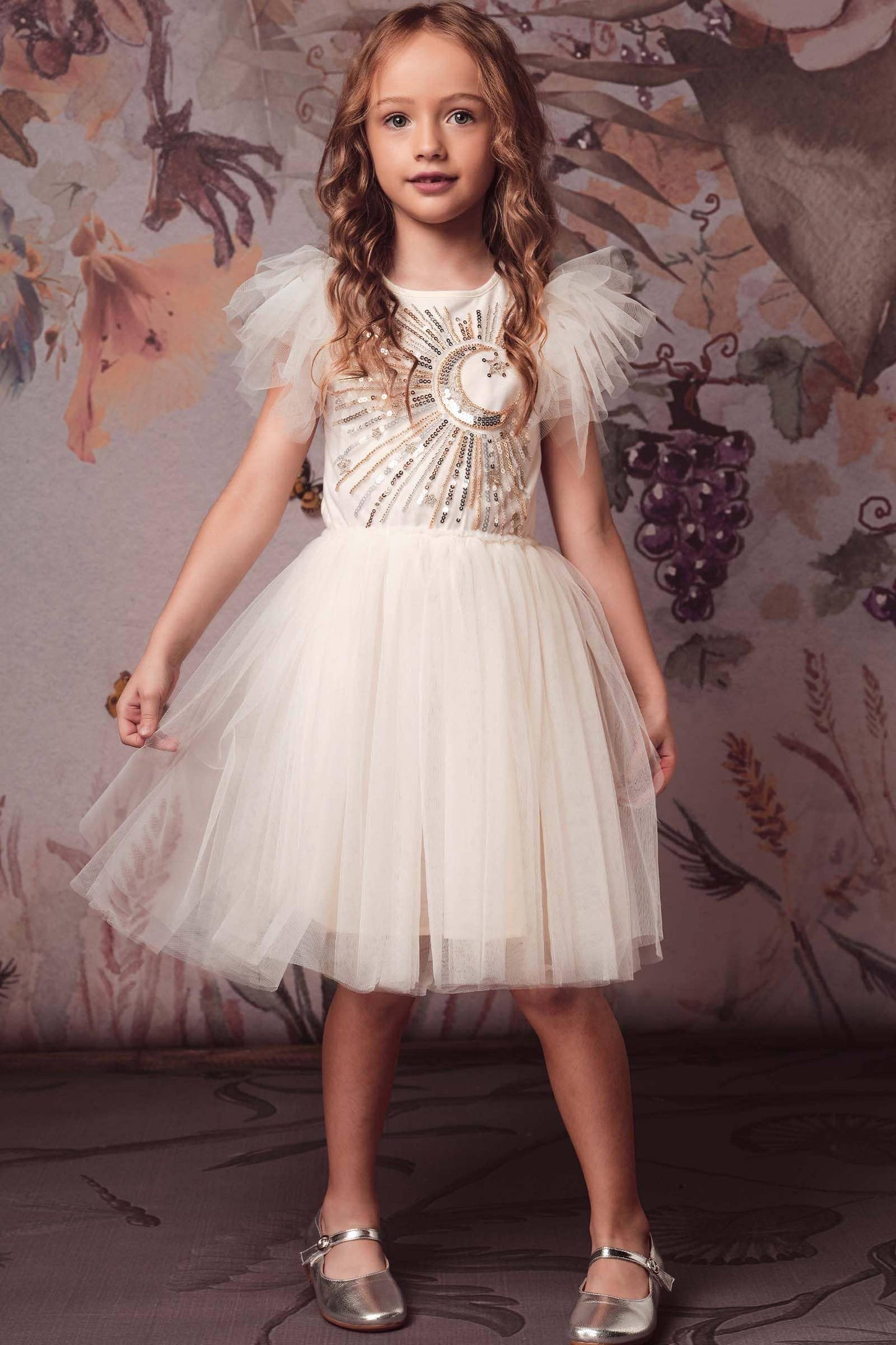 Embroidered Celestial Tulle Dress in Ivory