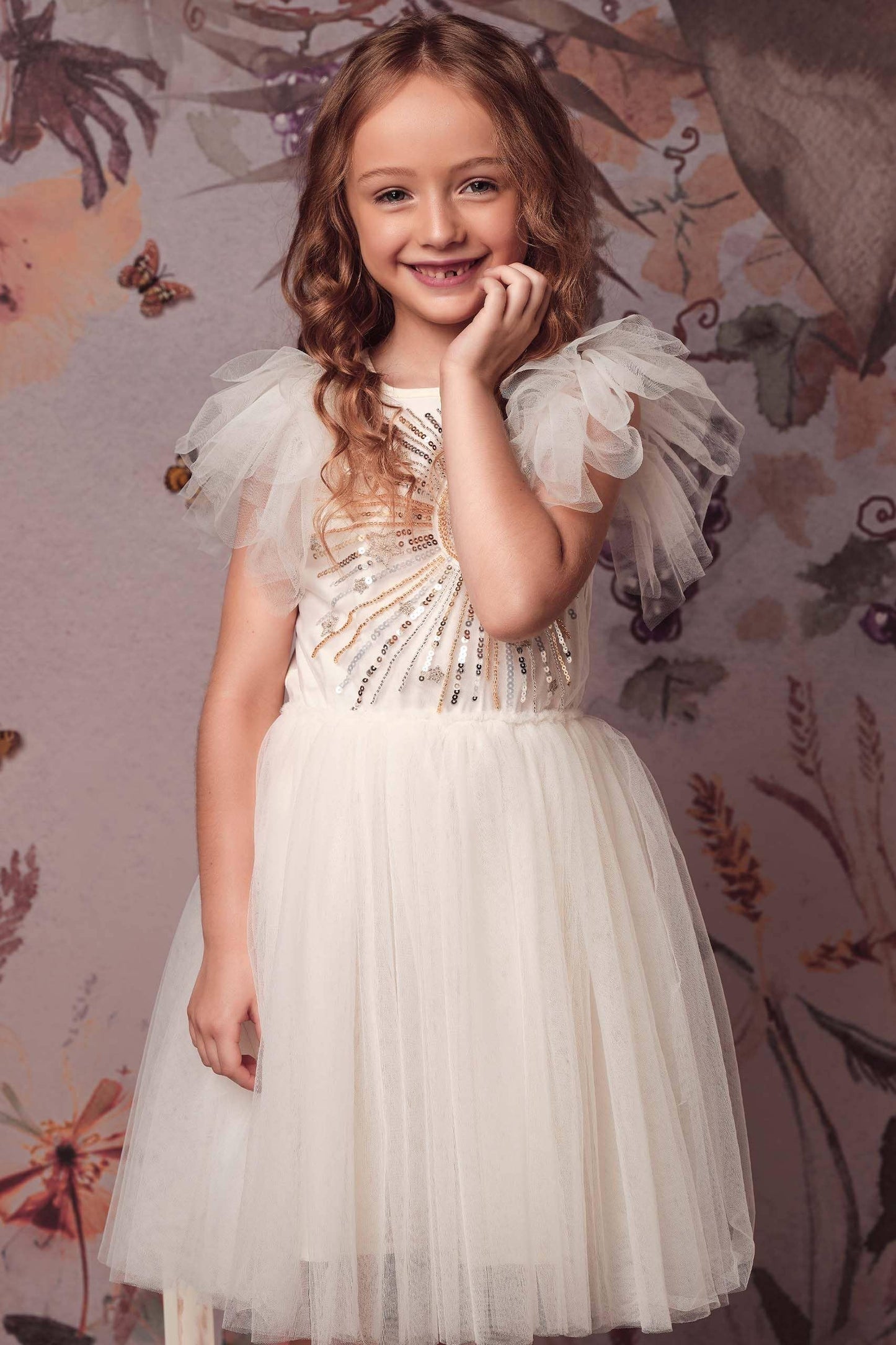Embroidered Celestial Tulle Dress in Ivory