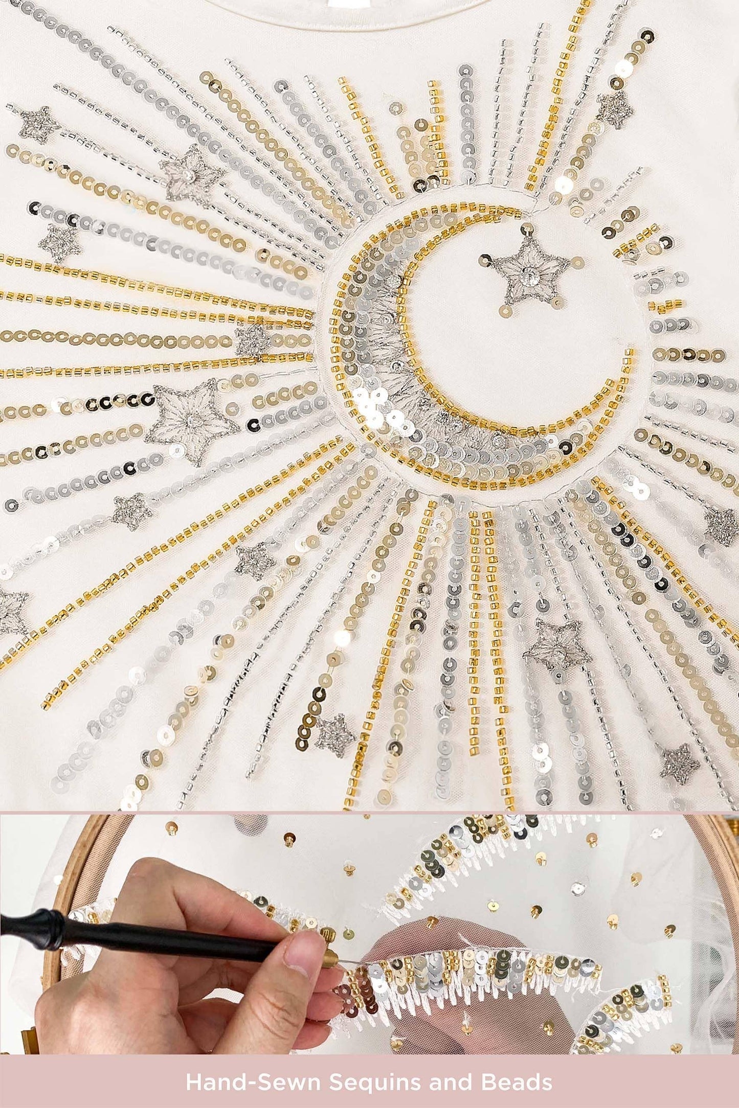 Embroidered Celestial Tulle Dress in Ivory